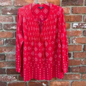 NYDJ Red Printed Pintuck Peasant Blouse  L